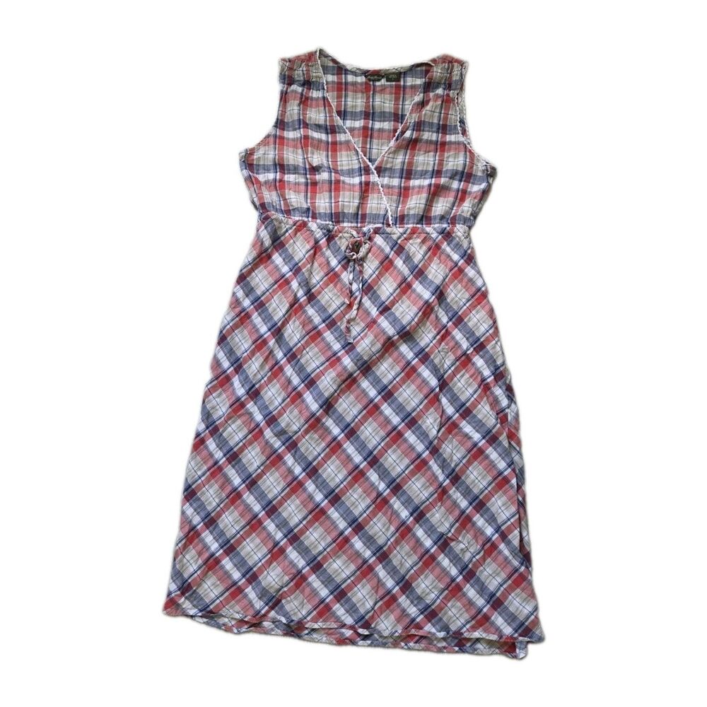 Eddie Bauer Plaid Cotton Midi Dress Red Blue V Neck Sleeveless Tie Waist Sz 12